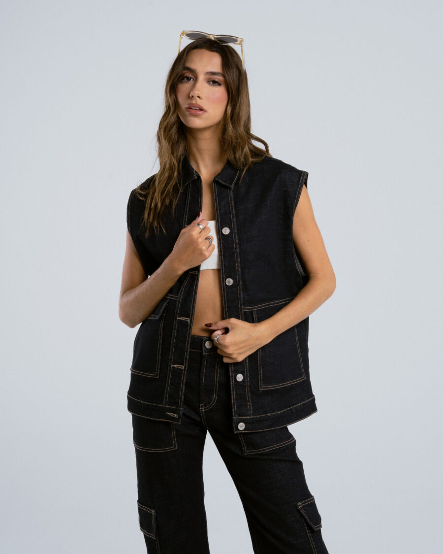 RAW DENIM WAISTCOAT WITH CONTRASTING THREADS