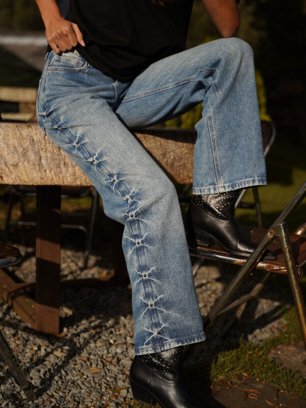 BLUE HIGH RISE JEAN WITH SIDE RHINESTONES